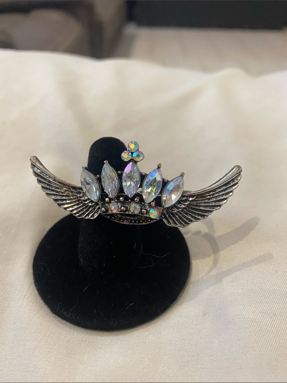 Iridescent Crystal Winged Crown Brooch - Silver-Tone